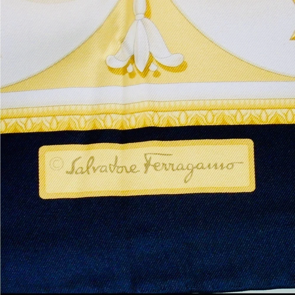 Salvatore Ferragamo Vintage Silk Scarf Baroque Floral Black Gold Print with Box
